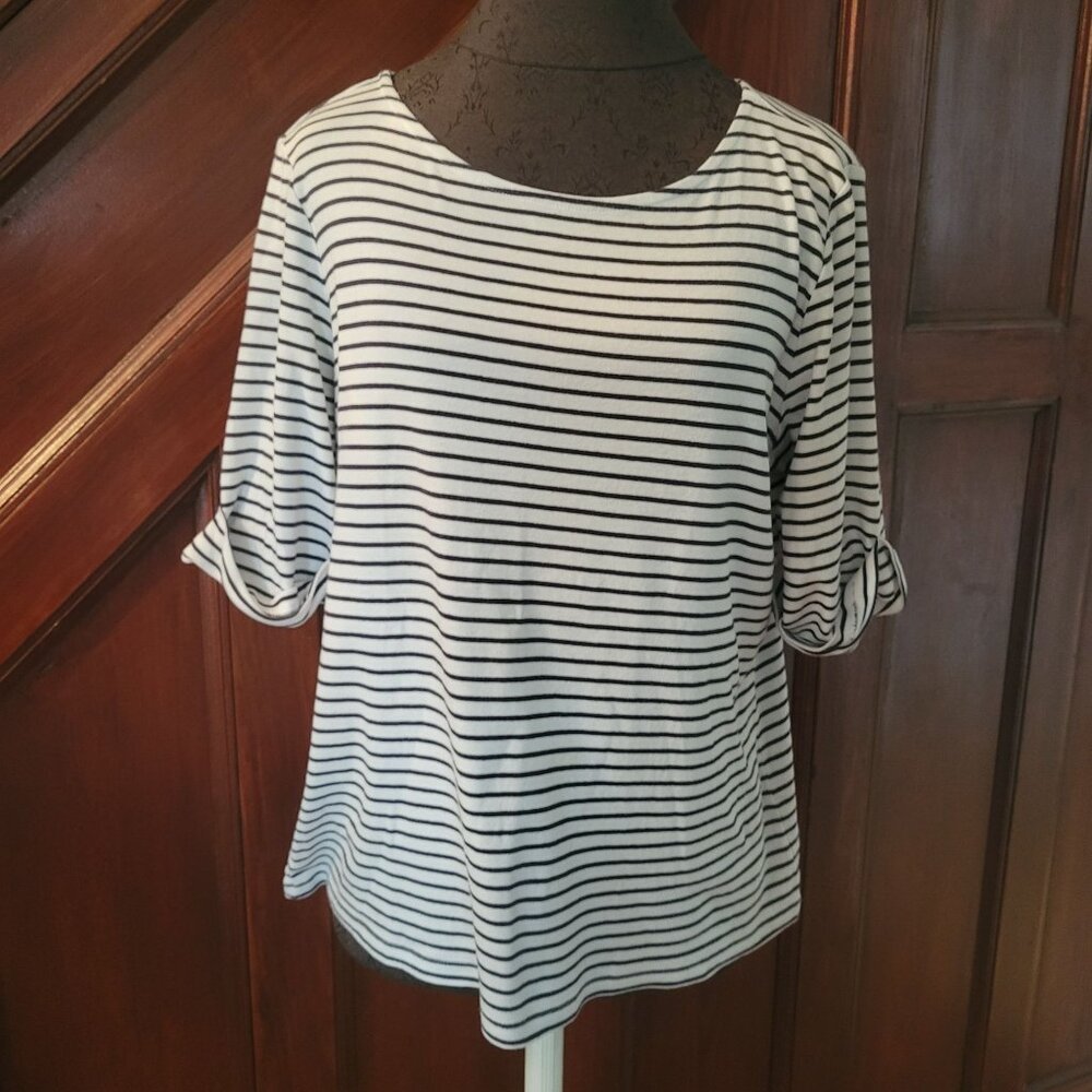 Christopher & Banks Womens Striped 3/4 Sleeve Top Roll-Tab Cuffs Size M 100% Cot